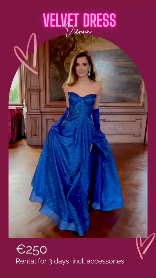 Ophélie — royal blue strapless ball gown for rent at Velvet Dress Vienna
