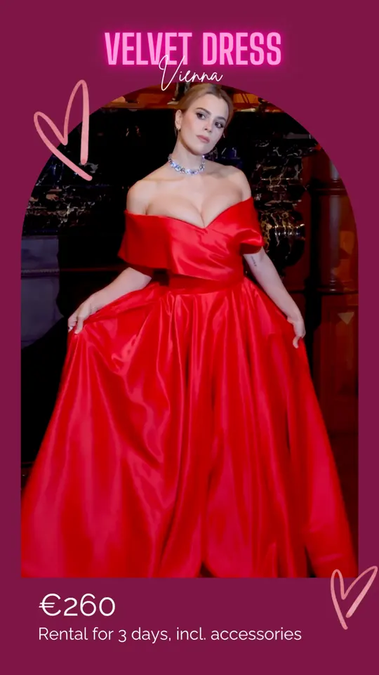 Vivienne — red off-the-shoulder ball gown for rent at Velvet Dress Vienna