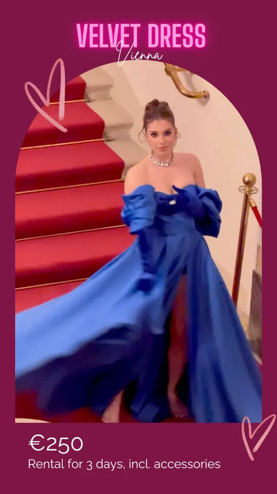Amélie — blue satin ball gown with a bow for rent at Velvet Dress Vienna