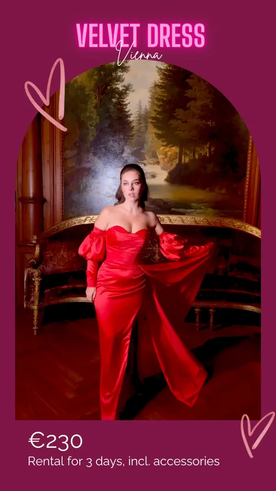 Évangéline — red satin gown with puff sleeves and a train for rent at Velvet Dress Vienna