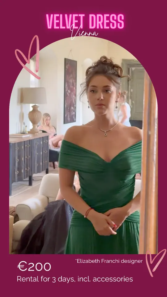 Colette — emerald off-the-shoulder gown for rent at Velvet Dress Vienna