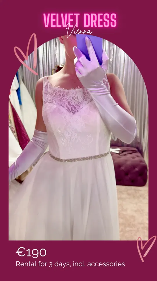 Cordélia — white debutante gown with long gloves for rent at Velvet Dress Vienna