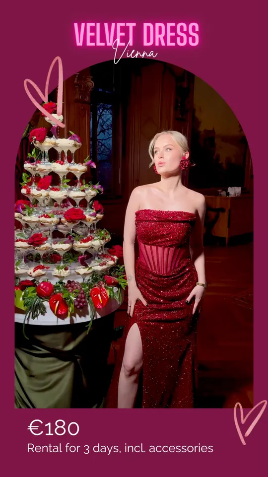 Isolde — red corset gown with a slit for rent at Velvet Dress Vienna
