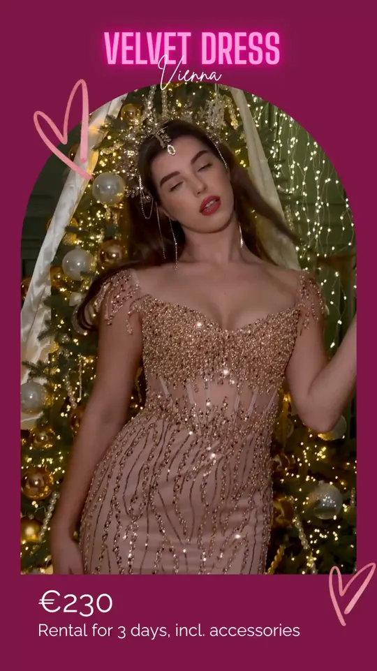 Delphine — gold sequin off-the-shoulder gown for rent at Velvet Dress Vienna