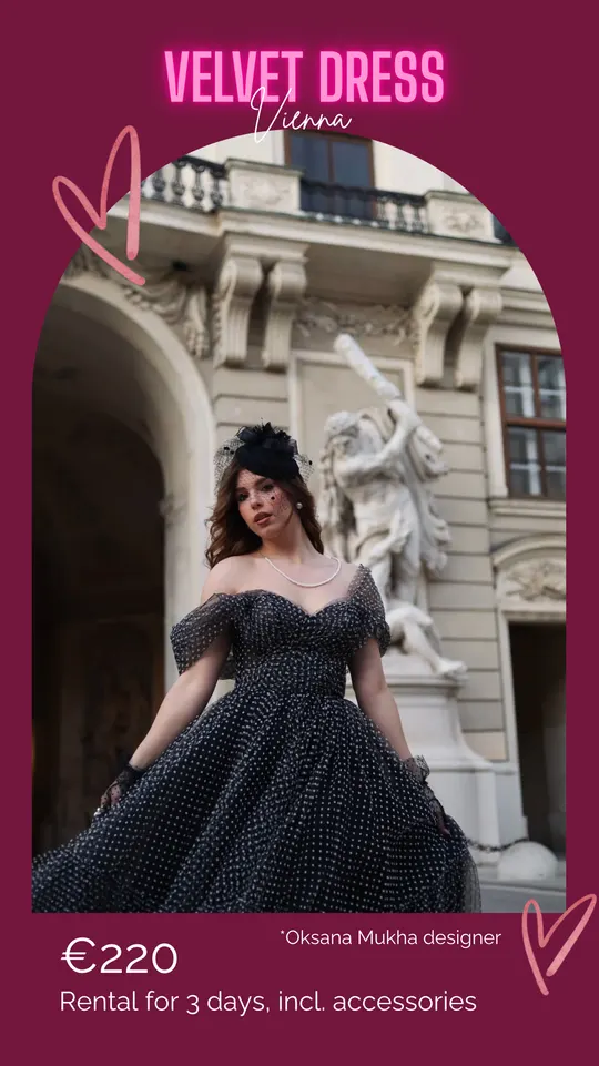 Sidonie — black polka-dot tulle gown photographed at the Hofburg for rent at Velvet Dress Vienna
