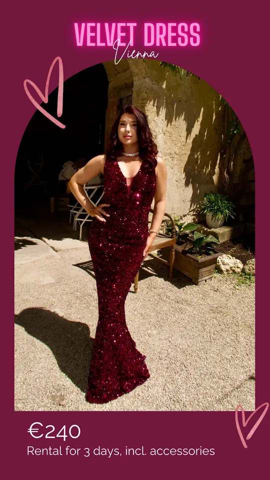 Marguerite — burgundy sequin mermaid gown for rent at Velvet Dress Vienna