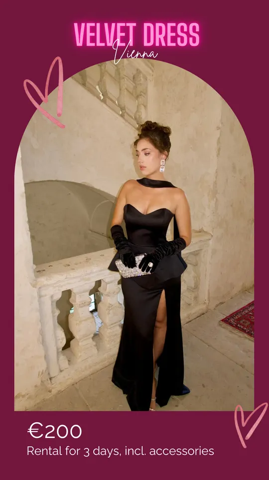 Léonie — black evening dress with long gloves for rent at Velvet Dress Vienna