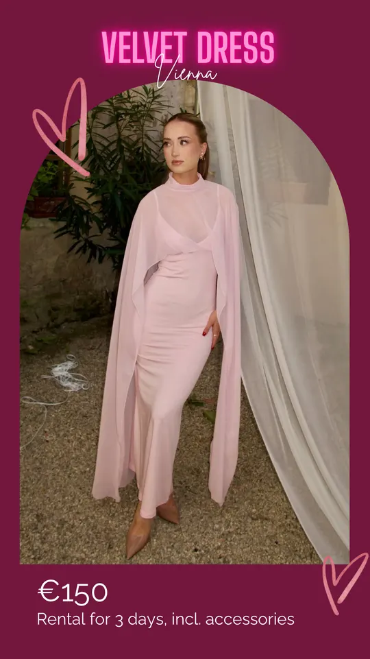 Pénélope — pale pink column dress with a cape for rent at Velvet Dress Vienna
