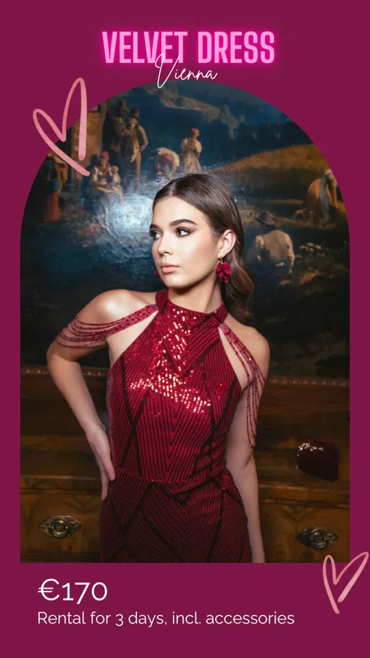 Séraphine — burgundy sequin halter-neck dress for rent at Velvet Dress Vienna