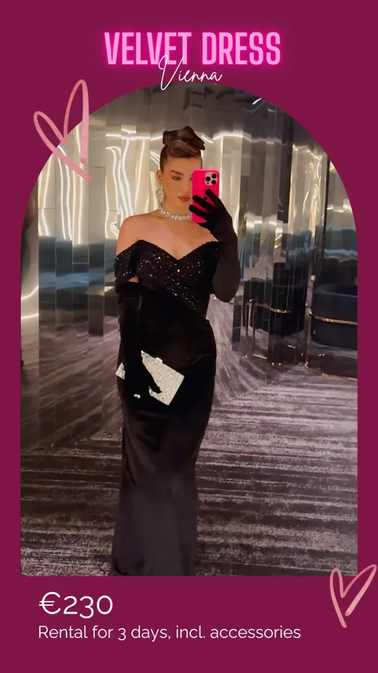 Céleste — black velvet strapless dress with long gloves for rent at Velvet Dress Vienna